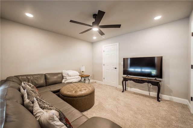 2009 Poppy St, Bentonville, AR 72713 - carpeted living room featuring a ceiling fan, baseboards, and recessed lighting
