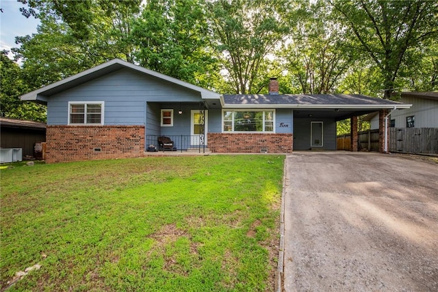 5 Chapel Ln, Bella Vista, AR 72715 - ranch-style home featuring brick siding, asphalt driveway, a chimney, an attached carport, and a porch
