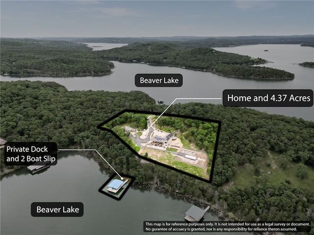 10393 Cedar Rock Rd, Garfield, AR 72732 - aerial view of property and surrounding area with a large body of water, a forest, and property parcel outlined
