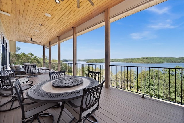 10393 Cedar Rock Rd, Garfield, AR 72732 - wooden deck with ceiling fan, a water view, and outdoor dining space
