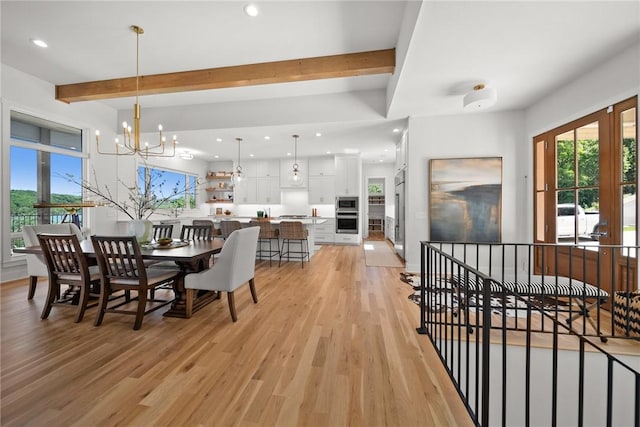 10393 Cedar Rock Rd, Garfield, AR 72732 - dining area featuring light wood-style flooring, beam ceiling, a chandelier, plenty of natural light, and recessed lighting