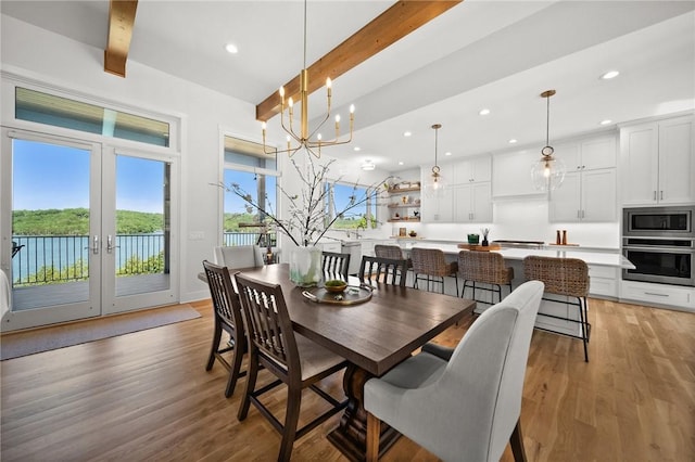 10393 Cedar Rock Rd, Garfield, AR 72732 - dining room featuring beamed ceiling, recessed lighting, light wood-style flooring, french doors, and a chandelier