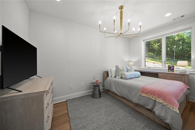 10393 Cedar Rock Rd, Garfield, AR 72732 - bedroom featuring a chandelier, dark wood-style floors, baseboards, and recessed lighting