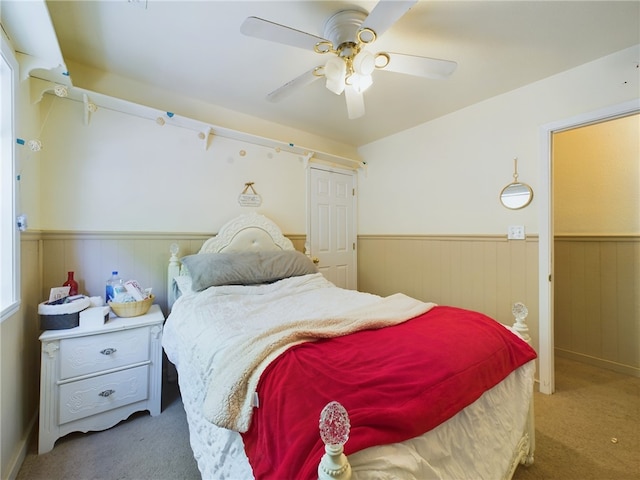 12883 Nickels Rd, West Fork, AR 72774 - carpeted bedroom featuring a wainscoted wall and ceiling fan