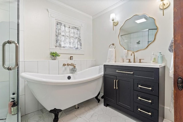 411 N Broadway St, Siloam Springs, AR 72761 - bathroom with crown molding, vanity, a freestanding tub, tile walls, and an enclosed shower