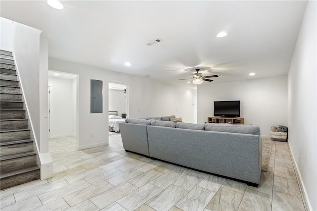 12698 Bush Rd, Centerton, AR 72719 - living area featuring electric panel, stairs, ceiling fan, recessed lighting, and baseboards
