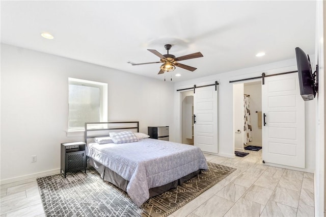 12698 Bush Rd, Centerton, AR 72719 - bedroom featuring a barn door, recessed lighting, baseboards, and a ceiling fan