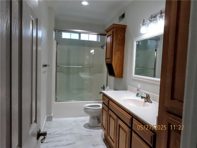 4007 Georgia St, Springdale, AR 72762 - full bathroom featuring toilet, vanity, shower / bath combination with glass door, marble finish floors, and recessed lighting