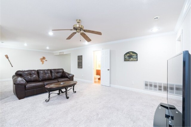 15210 Haynes Rd, Rogers, AR 72756 - carpeted living area featuring ceiling fan, baseboards, crown molding, and recessed lighting