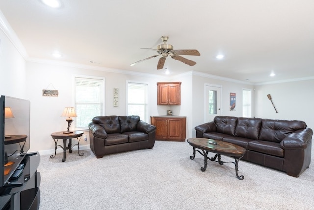 15210 Haynes Rd, Rogers, AR 72756 - living room with light colored carpet, recessed lighting, ceiling fan, ornamental molding, and baseboards