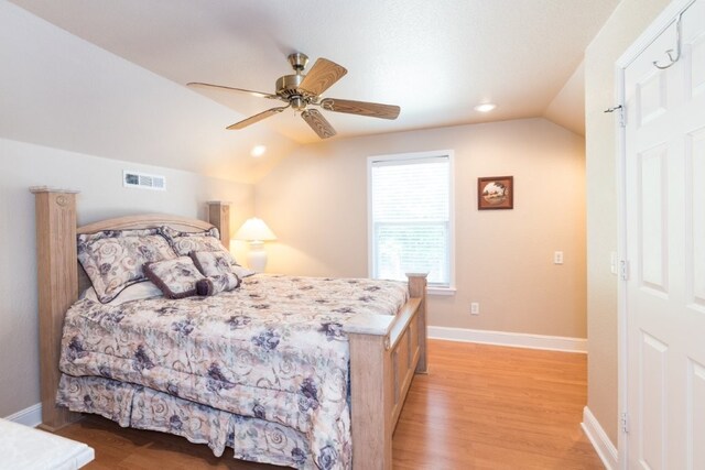 15210 Haynes Rd, Rogers, AR 72756 - bedroom with lofted ceiling, light wood-type flooring, a ceiling fan, baseboards, and recessed lighting