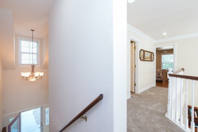 15210 Haynes Rd, Rogers, AR 72756 - corridor featuring an upstairs landing, a chandelier, plenty of natural light, crown molding, and light carpet