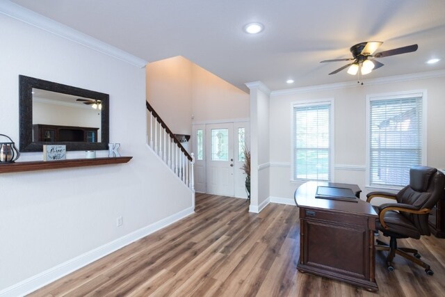 15210 Haynes Rd, Rogers, AR 72756 - office space with a ceiling fan, wood finished floors, ornamental molding, baseboards, and recessed lighting