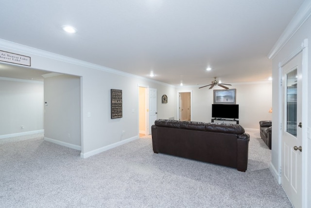 15210 Haynes Rd, Rogers, AR 72756 - living area featuring carpet floors, crown molding, recessed lighting, a ceiling fan, and baseboards