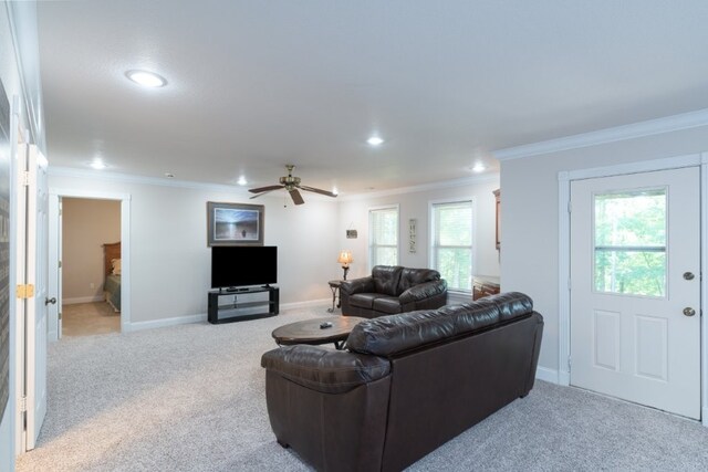 15210 Haynes Rd, Rogers, AR 72756 - carpeted living room with recessed lighting, crown molding, ceiling fan, and baseboards