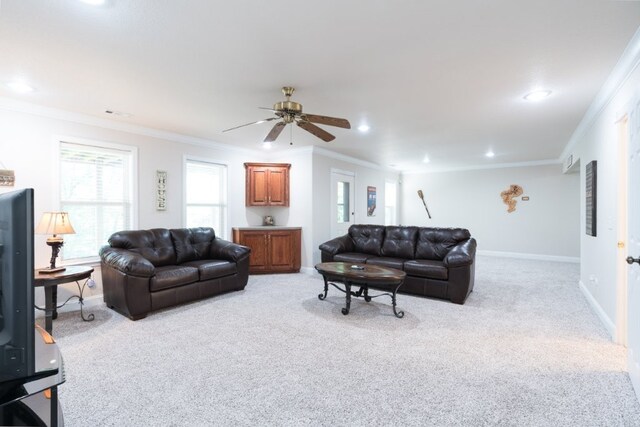 15210 Haynes Rd, Rogers, AR 72756 - living room with light colored carpet, ornamental molding, ceiling fan, recessed lighting, and baseboards