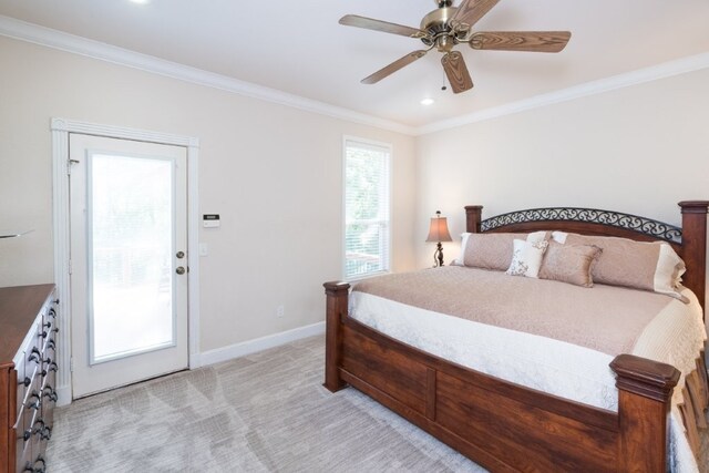15210 Haynes Rd, Rogers, AR 72756 - bedroom with crown molding, light colored carpet, baseboards, recessed lighting, and ceiling fan