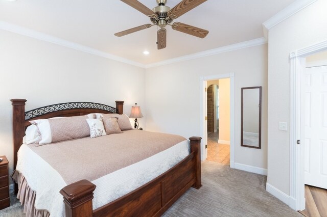 15210 Haynes Rd, Rogers, AR 72756 - bedroom featuring crown molding, recessed lighting, baseboards, light carpet, and a ceiling fan
