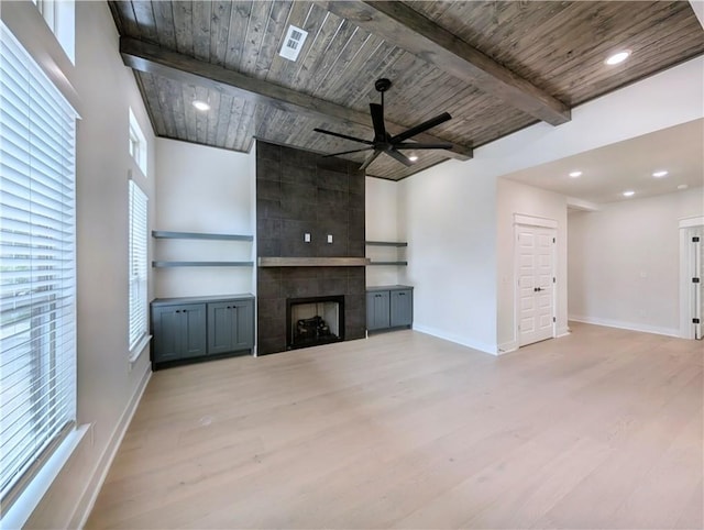 1 Darten Cir, Bella Vista, AR 72714 - unfurnished living room featuring a ceiling fan, light wood finished floors, wooden ceiling with exposed beams, baseboards, and a fireplace