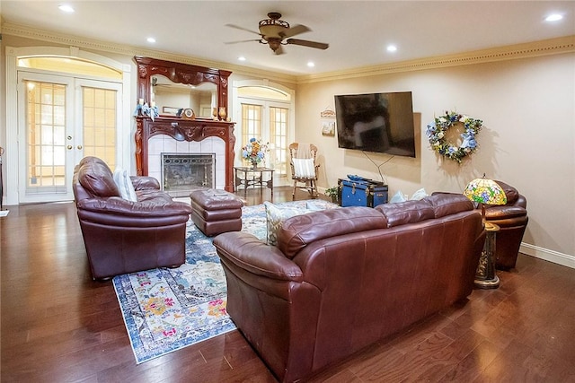 1060 Marina Way, Russellville, AR 72801 - living room with french doors, dark wood finished floors, a fireplace, baseboards, and ornamental molding