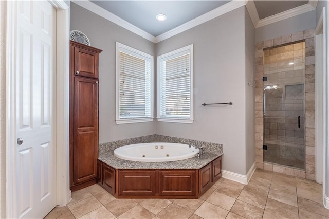 2314 S The Peaks Blvd, Rogers, AR 72758 - full bath featuring a jetted tub, a shower stall, baseboards, ornamental molding, and tile patterned flooring
