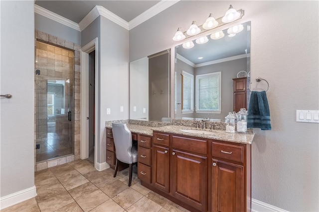 2314 S The Peaks Blvd, Rogers, AR 72758 - bathroom featuring vanity, a stall shower, crown molding, and baseboards