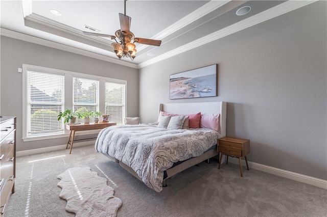 2314 S The Peaks Blvd, Rogers, AR 72758 - bedroom featuring ornamental molding, a tray ceiling, baseboards, light colored carpet, and a ceiling fan