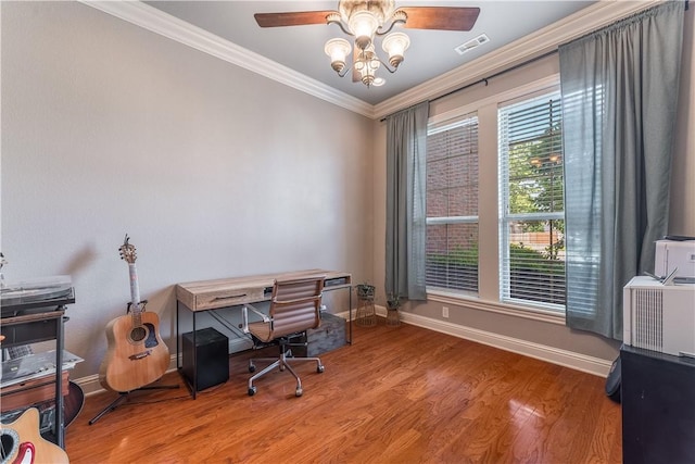 2314 S The Peaks Blvd, Rogers, AR 72758 - office with baseboards, ornamental molding, wood finished floors, and a ceiling fan