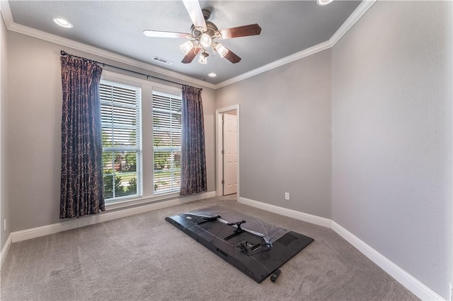 2314 S The Peaks Blvd, Rogers, AR 72758 - exercise room featuring ceiling fan, carpet flooring, ornamental molding, baseboards, and recessed lighting