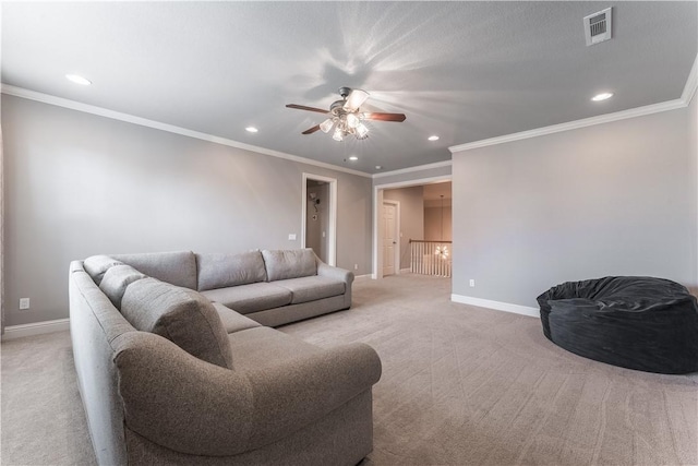 2314 S The Peaks Blvd, Rogers, AR 72758 - living room with light carpet, baseboards, a ceiling fan, recessed lighting, and ornamental molding