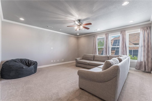 2314 S The Peaks Blvd, Rogers, AR 72758 - carpeted living room featuring baseboards, crown molding, recessed lighting, a ceiling fan, and a textured ceiling