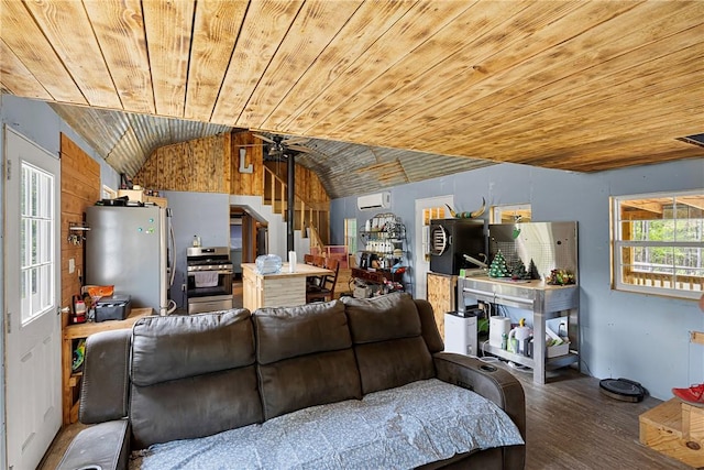 439 Pine Twist, Russellville, AR 72802 - living room featuring wooden ceiling, lofted ceiling, wood finished floors, an AC wall unit, and stairs