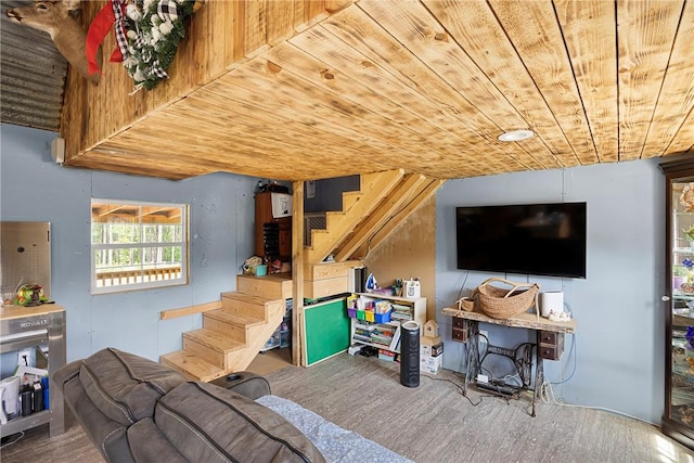 439 Pine Twist, Russellville, AR 72802 - living area featuring stairway, wooden ceiling, and wood finished floors