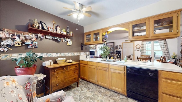 15829 N Wimpy Jones Rd, Garfield, AR 72732 - kitchen featuring dishwasher, ceiling fan, light countertops, glass insert cabinets, and a sink