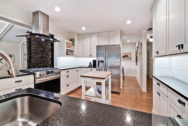 1463 E Woodbrook Dr, Fayetteville, AR 72703 - kitchen with stainless steel appliances, open shelves, white cabinetry, dark stone counters, and recessed lighting