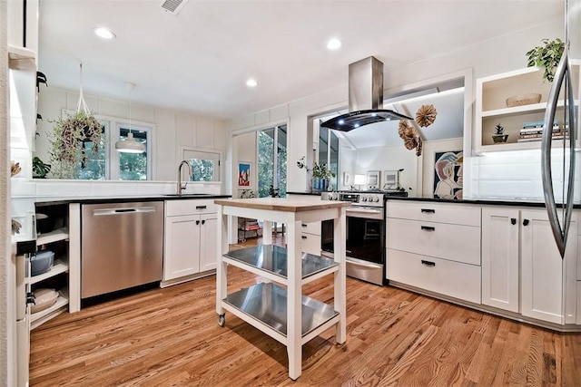 1463 E Woodbrook Dr, Fayetteville, AR 72703 - kitchen with stainless steel appliances, island exhaust hood, a sink, white cabinetry, and open shelves