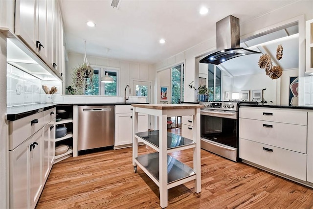 1463 E Woodbrook Dr, Fayetteville, AR 72703 - kitchen featuring appliances with stainless steel finishes, island range hood, white cabinetry, light wood-style floors, and healthy amount of natural light