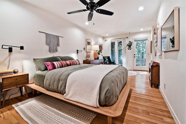 1463 E Woodbrook Dr, Fayetteville, AR 72703 - bedroom with access to outside, light wood-style floors, recessed lighting, and a ceiling fan