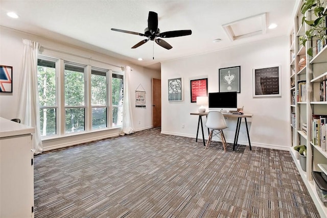 1463 E Woodbrook Dr, Fayetteville, AR 72703 - carpeted home office featuring ceiling fan, recessed lighting, and baseboards