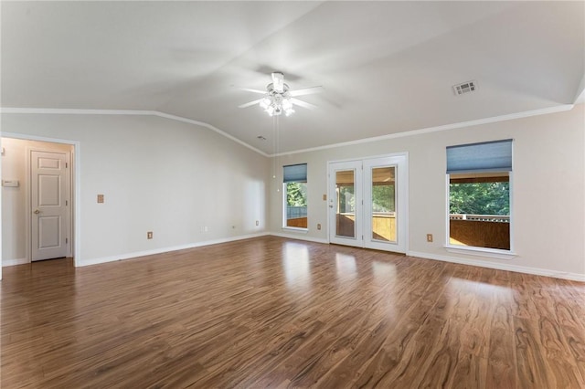 8 Central Heights Way, Bentonville, AR 72712 - unfurnished living room featuring vaulted ceiling, ceiling fan, wood finished floors, baseboards, and ornamental molding