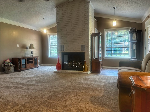 3002 W 4th St, Russellville, AR 72801 - carpeted living area featuring a textured ceiling, a fireplace, baseboards, ornamental molding, and vaulted ceiling