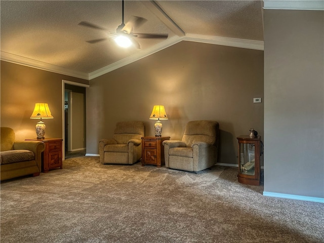 3002 W 4th St, Russellville, AR 72801 - living area with carpet flooring, ceiling fan, a textured ceiling, lofted ceiling, and crown molding