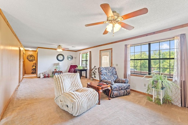 1188 Kyle Rd, Noel, MO 64854 - living room featuring light carpet, ceiling fan, a textured ceiling, crown molding, and baseboards