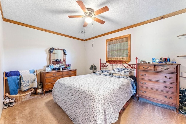 1188 Kyle Rd, Noel, MO 64854 - bedroom featuring light carpet, ornamental molding, a textured ceiling, and ceiling fan