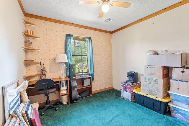 1188 Kyle Rd, Noel, MO 64854 - office area with carpet, a ceiling fan, ornamental molding, and a textured ceiling