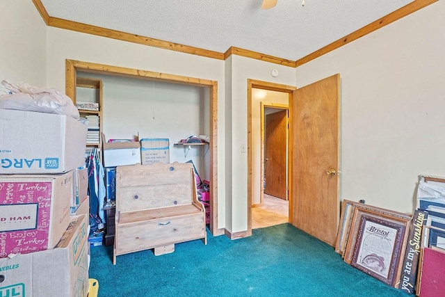 1188 Kyle Rd, Noel, MO 64854 - carpeted bedroom featuring crown molding, a textured ceiling, and a ceiling fan