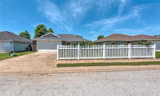 64 Cheryl Cir, Bentonville, AR 72712 - ranch-style house featuring a fenced front yard, concrete driveway, an attached garage, and brick siding