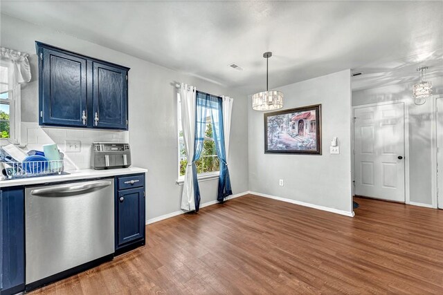 64 Cheryl Cir, Bentonville, AR 72712 - kitchen featuring dishwasher, a chandelier, blue cabinets, and dark wood finished floors
