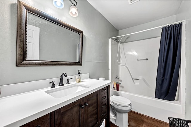 64 Cheryl Cir, Bentonville, AR 72712 - bathroom featuring toilet, shower / bathtub combination with curtain, vanity, and wood finished floors