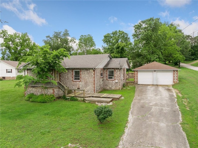4220 S 7th Hwy, Harrison, AR 72601 - view of front facade featuring a garage, an outdoor structure, a front lawn, and stone siding